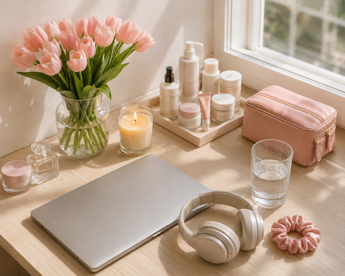 Mesa com tulipas, vela, laptop e produtos — muitas coisas ao mesmo tempo